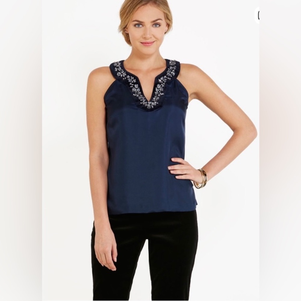 Vineyard Vines Navy Blue Silk Embellished Sleeveless Blouse NWT
